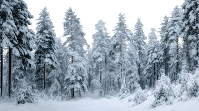 Pine forest after fresh snowfall, branches heavy and bent, soft ambient light and hushed stillness, isolated on white background