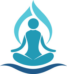Meditative figure in blue with water and flame elements, symbolizing inner peace and spiritual growth