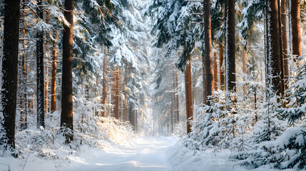 Fototapeta premium Pine forest path covered in fresh snow, flanked by towering trees with soft bokeh light filtering through, isolated on white background