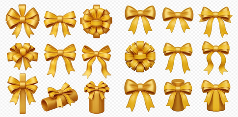 A collection of various golden bows and decorative ribbons in different styles, perfect for gift wrapping and festive occasions.