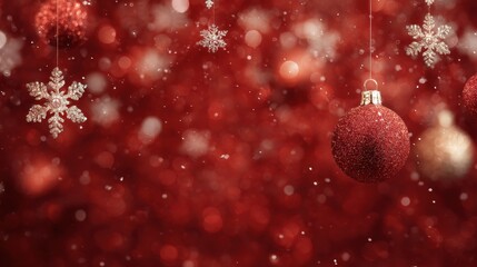 Festive Holiday Ornament Scene: A close-up shot capturing the essence of the festive season with vibrant red ornaments suspended amid a flurry of snowflakes and sparkling bokeh lights.