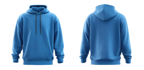 Stylish Blue Hoodie with Front and Back View Showcasing Smooth Fabric and Casual Design isolated on transparent background