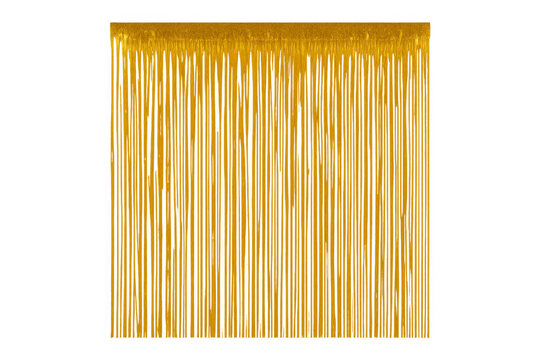Golden dripping tinsel fringe curtain on transparent background