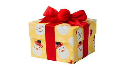 Playful gift in yellow paper with illustrated smiling snowmen and red pom-pom bow, cheerful design, isolated on white background