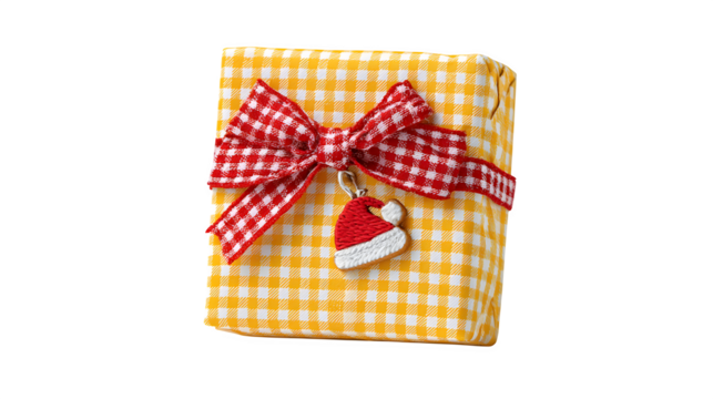 Playful gift in yellow gingham paper with red bow and illustrated Santa hat charm, cheerful pattern, isolated on white background