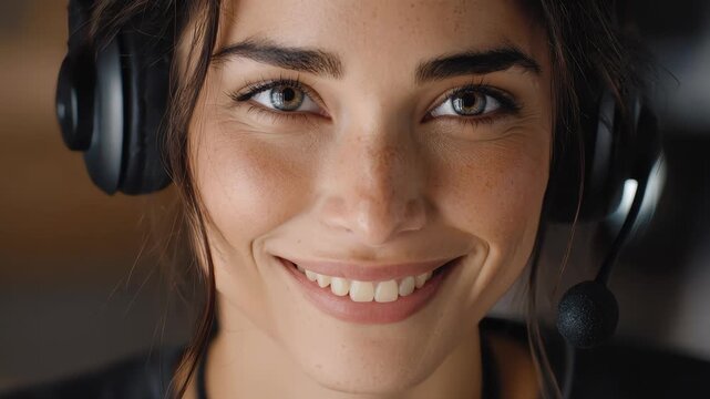 A close-up shot captures a beautiful young woman wearing a black headset with a microphone. She has a warm, friendly smile, her light-colored eyes sparkling as she looks directly into the camera. Her 