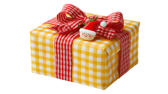 Playful gift in yellow gingham paper with red bow and illustrated Santa hat charm, cheerful pattern, isolated on white background - Powered by Adobe
