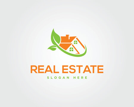 Orange house with green leaf logo and real estate text vector template home