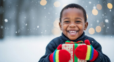 Joyful African American child holding a Christmas present in the snow. Happy young boy smiling outdoors during a festive winter holiday. Portrait with bokeh lights and copy space