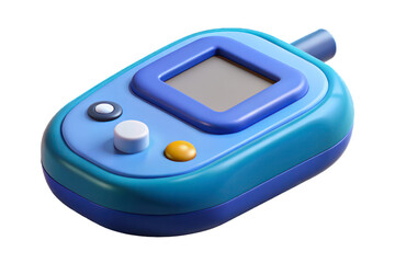 A bright 3D image of a blue and turquoise pulse oximeter with a blank screen and multicolored buttons, isolated on a transparent background