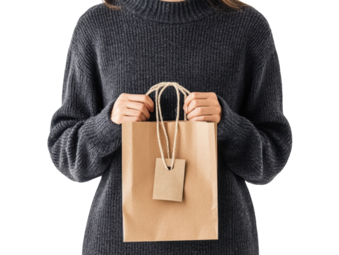 A Stylish Individual Holding a Craft Paper Shopping Bag with a Tag, Showcasing Contemporary Fashion and Everyday Shopping Essentials isolated on transparent background