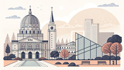 A detailed illustration of a cityscape featuring majestic classical buildings, a modern structure, and a park
