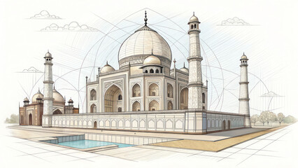 An architectural drawing style illustration of the Taj Mahal with structural lines