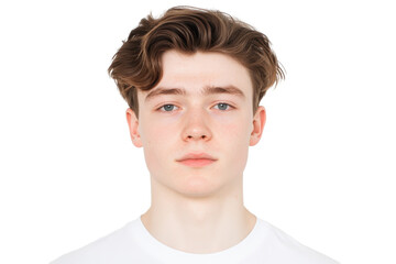 A Close-Up Portrait of a Young Man with Soft Features and Wavy Hair Set  isolated on transparent background Highlighting Natural Light and Expression