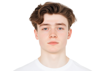 A Close-Up Portrait of a Young Man with Soft Features and Wavy Hair Set  isolated on transparent background Highlighting Natural Light and Expression