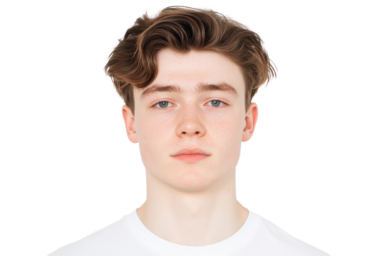 A Close-Up Portrait of a Young Man with Soft Features and Wavy Hair Set  isolated on transparent background Highlighting Natural Light and Expression