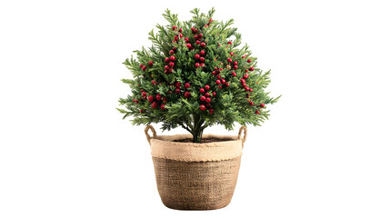 Realistic potted Christmas tree in a woven basket, with natural burlap wrap and fresh cranberry garland, isolated on white background