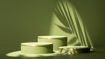 3d render, abstract minimal green background. Empty stage with three cylinder podiums, palm leaf shadow and bright sunlight. Minimal showcase for presentation of organic cosmetic products