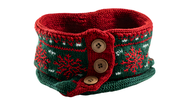 Red and green knitted neck warmer with snowflake pattern and button closure, scarf alternative, isolated on white background
