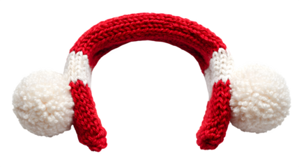 Red and white knitted ear warmer headband with fluffy white balls on each side, cozy and cute, isolated on white background
