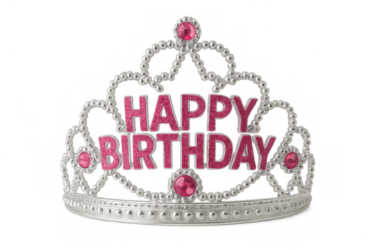 Silver tiara with happy birthday message