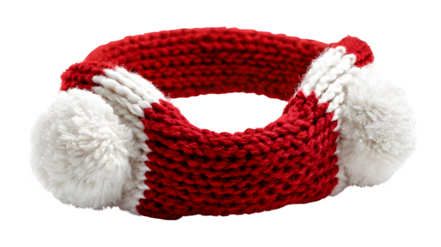 Red and white knitted ear warmer headband with fluffy white balls on each side, cozy and cute, isolated on white background - Powered by Adobe
