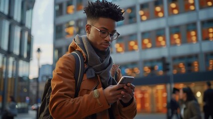 Young Man Using Smartphone on Busy City Street at Dusk. Video. - Powered by Adobe