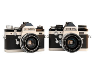 A Close-Up View of Vintage Cameras Capturing the Essence of Classic Photography with Distinctive Designs and Timeless Elegance isolated on transparent background