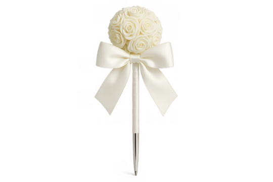 Decorative wedding pen with white rose bouquet and ribbon bow