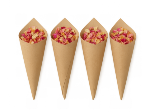 Dried rose petals in kraft paper cones