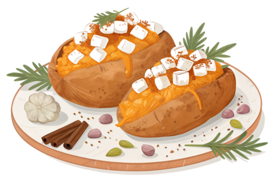 Baked sweet potatoes topped with golden melted marshmallows in a cozy, hand-drawn vector style. Perfect for Thanksgiving, autumn feasts, and holiday-themed designs. Isolated on a transparent backgroun