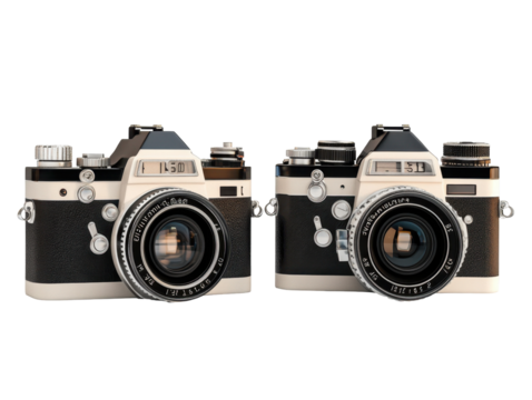 A Close-Up View of Vintage Cameras Capturing the Essence of Classic Photography with Distinctive Designs and Timeless Elegance isolated on transparent background