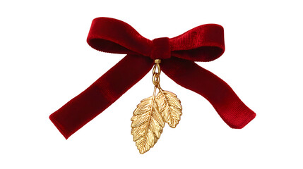 Red velvet hair ribbon with gold holly leaf charm and satin finish, elegant festive hair accessory, isolated on white background