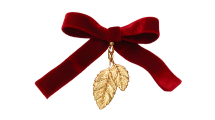 Red velvet hair ribbon with gold holly leaf charm and satin finish, elegant festive hair accessory, isolated on white background