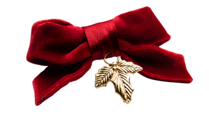 Red velvet hair ribbon with gold holly leaf charm and satin finish, elegant festive hair accessory, isolated on white background
