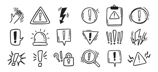Warnings related hand drawn doodle simple icons set. Vector line drawing warnings related icons.