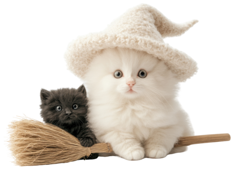 Adorable Cats Dressed in Wizard Hats and Brooms, Perfect for Enchanting Halloween Decor and Whimsical Pet Photography Moments isolated on transparent background