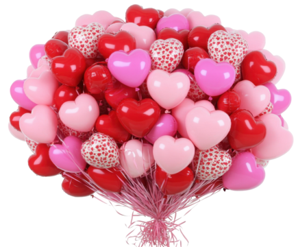 A Vibrant Collection of Heart-Shaped Balloons in Various Shades of Red and Pink Perfect for Celebrations and Romantic Occasions isolated on transparent background
