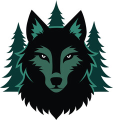 Fototapeta premium Illustration of a wolf head with trees, perfect for logos, emblems, or graphic designs related to nature, wildlife, or sports teams, showcasing a fierce and majestic animal
