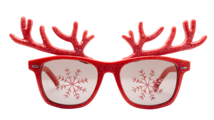Reindeer antler sunglasses with red frames and snowflake lenses, fun and quirky party accessory, isolated on white background