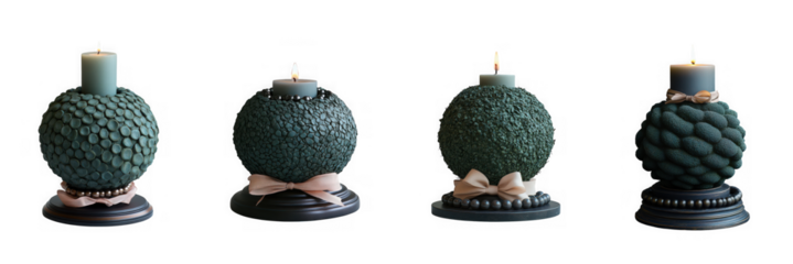 Four spherical green candles with rustic texture and decorative bows, two lit, isolated on transparent background