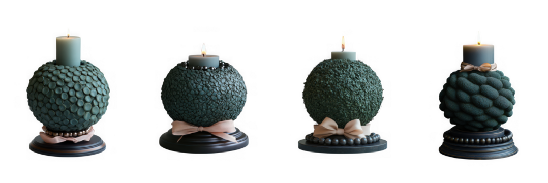 Four spherical green candles with rustic texture and decorative bows, two lit, isolated on transparent background - Powered by Adobe