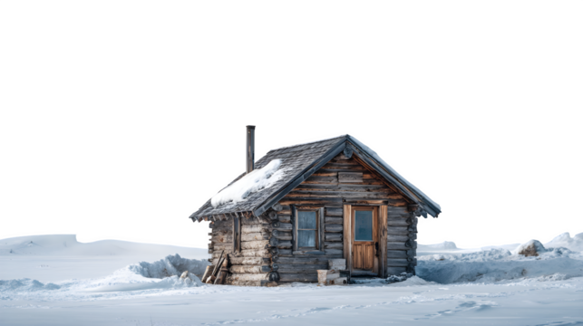 Remote wilderness cabin with snow-covered roof, axe by the door, and smoke curling into pale sky, isolated on white background