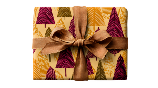 Retro-inspired gift wrapped in mustard yellow paper with 70s-style abstract Christmas trees in burgundy and olive, isolated on white background - Powered by Adobe