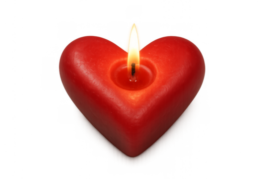 Red heart candle burning flame on transparent background