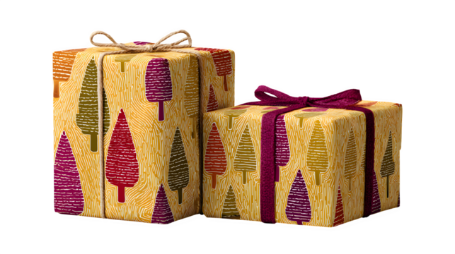 Retro-inspired gift wrapped in mustard yellow paper with 70s-style abstract Christmas trees in burgundy and olive, isolated on white background