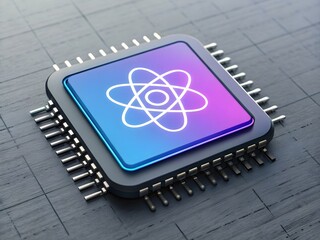 React symbol on a computer chip for technology and development