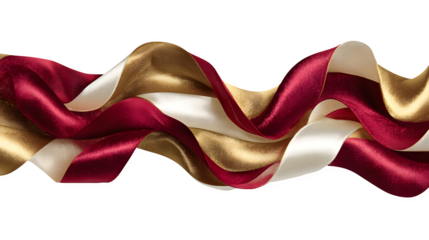 Ribbon garland with alternating satin and velvet strips in red, gold, and ivory, draped in soft waves, luxurious texture, isolated on white background