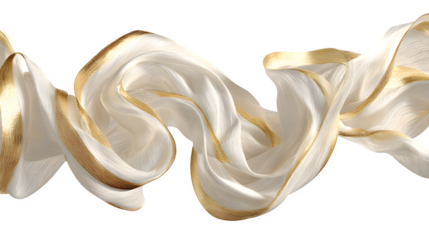 Ribbon garland with gold metallic thread woven through ivory satin, draped in soft loops, luminous texture, isolated on white background