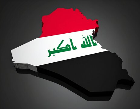 Iraq Map with Iraqi Flag Colors and Arabic Inscription on Dark Background 3D Render